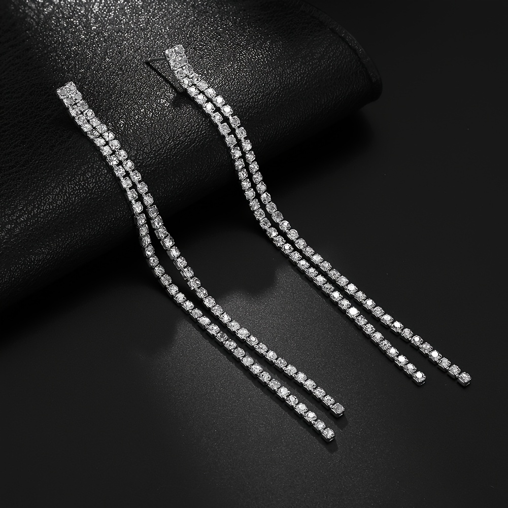 Korean Style Long Rhinestone Tassel Earrings, Fashion Accessory